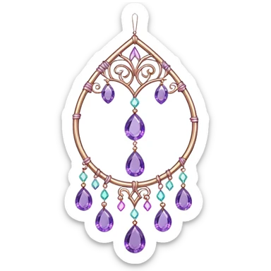 Hanging colorful pastel suncatcher, threads with shiny sparkly iridescent amethyst gemstones,  sticker