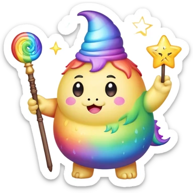 Kawaii derpy fat rainbow monster with magic wand  sticker