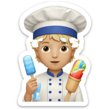 boy blonde curly hair, chef, eating blue ice pop sticker