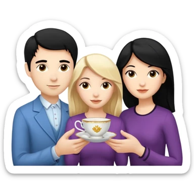 One blond white woman, one black hair white woman and one dark blond white man with tea cups sticker