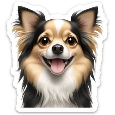 black white and tan long-haired chihuahua looking happy sticker