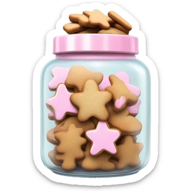 Realistic glass cookie jar with light pink lid full of gingerbread cookies isolated.  sticker