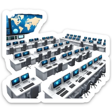space mission control room with multiple screens and operators at desks sticker
