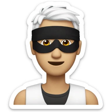 29 year old man with blindfold on and with white hair sticker