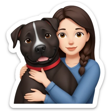 Brunette hugging happy big black amstaff dog sticker