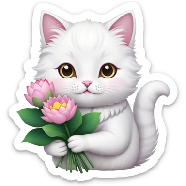 White cat holding a bouquet of lotus flowers sticker