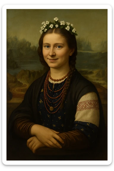 Insert the character from the provided image into Leonardo da Vinci's 'Mona Lisa' painting, preserving the Mona Lisa's enigmatic smile and soft sfumato technique. Maintain the classical portrait pose and Renaissance style of the original artwork, blending the character seamlessly into the scene with harmonious lighting and texture. sticker