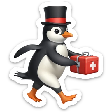 side view of a doctor penguin running with a top hat holding a first aid medical box with a red cross sticker