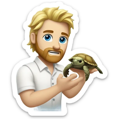 Man with blond spiked hair, beard, blue eyes, white shirt and wristwatch, holding a sea turtle with big eyes sticker
