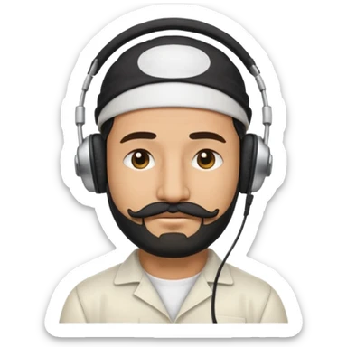 Half body man wearing white topi, lapray, black beard and moustache, headphones, eyes closed, realistic emoji style. sticker