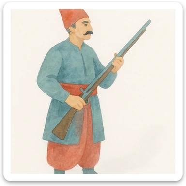 an Ottoman Janissary, depicted in a painterly style, holding a musket, rich colors sticker