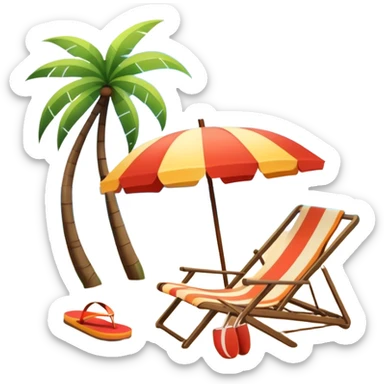 Vibrant Icon for Beach Tourism: a sunny beach with the sea, a lounge chair, a sun umbrella, and flip-flops. The icon should capture the essence of a relaxing beach vacation with a carefree atmosphere. Transparent background. sticker