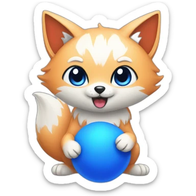 kitsune with a blue ball in its paws sticker