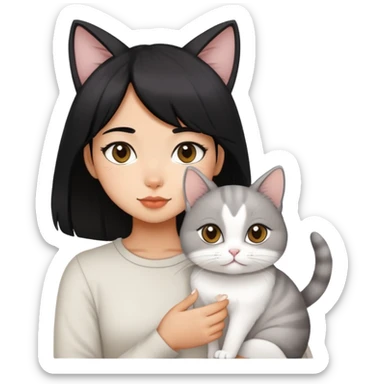 black hair girl with Chinchilla white cat sticker