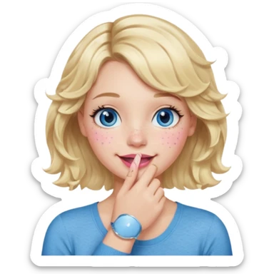 Girl Blonde short wavy hair,  blue eyes, cute blue top, long lashes, pink lips, smiling, hand covering the mouth sticker