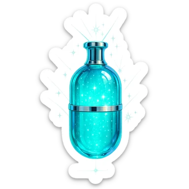capsule-shaped luxurious elixir bottle, cyan color, iridescent and silver details, very small neck, seamless bottom, extra intense magical glowing and sparkling effects, floating, no base or shadow, transparent background, modern, matching a collection sticker
