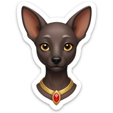 Cinematic Noble Xoloitzcuintle Portrait Emoji, Poised and regal, with a sleek, muscular build and smooth, hairless ebony skin accented by subtle wrinkles, deep-set soulful dark eyes, Simplified yet sharp and sophisticated features, highly detailed, glowing with a soft, dignified glow, high shine, intelligent and loyal, stylized with an air of ancient grace, focused and attentive, soft glowing outline, capturing the essence of a watchful and confident guardian, so majestic it feels as though it could stride out of the screen with effortless authority! sticker