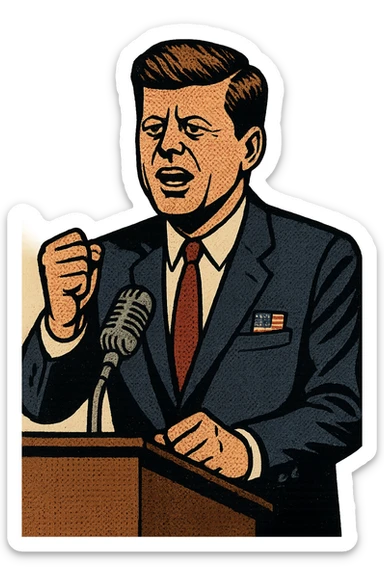 President Kennedy wearing a suit with a US flag badge making a speech standing behind a lectern with a 1960s microphone sticker