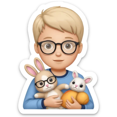 boy kid with glasses → holding a toy rabbit sticker