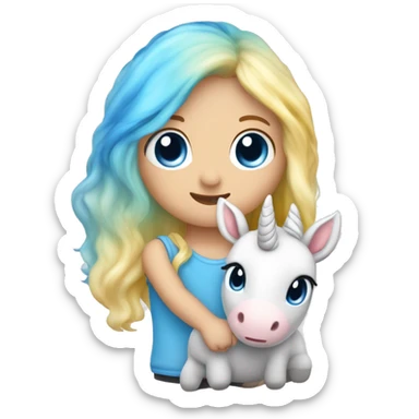 Kleinkind mit blauen Augen und blondem Haar mit einem Einhorn Kuscheltier in der Hand  sticker