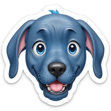 Cinematic Comical Blue Great Dane Portrait Emoji, Head tilted dramatically with an exaggeratedly amused expression, featuring a striking blue Fur with a glossy finish, wide, expressive steel-blue eyes filled with playful disbelief, Simplified yet hilariously expressive features, highly detailed, glowing with a slightly sassy glow, high shine, dramatic yet playful, stylized with an air of cheeky charm, bright and endearing, soft glowing outline, capturing the essence of a spirited and over-the-top guardian, so meme-worthy it feels like it could side-eye its way into internet fame instantly! sticker