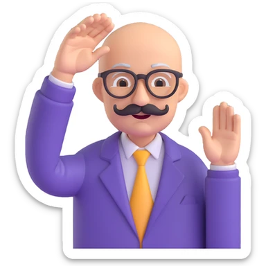 Add glasses to the older bald man with mustache raising his hand, keeping the 3D emoji style with no background as in the reference image. sticker