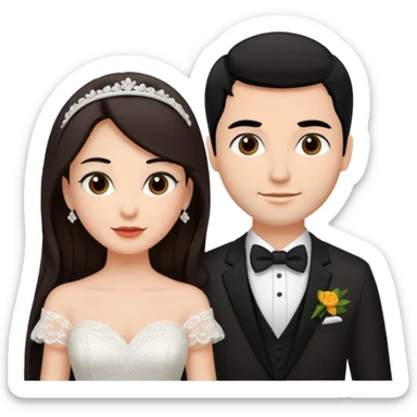 A bride and a groom. The woman is with dark brown hair, the man with black  sticker