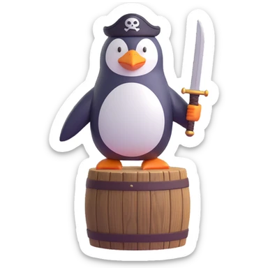 a penguin pirate standing on a wooden barrel, with a sword sticker