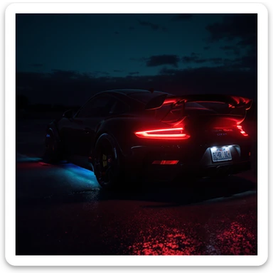 Cinematic still of a porsche 911, gt3 rs night photo, red lights and blue bright night  sticker