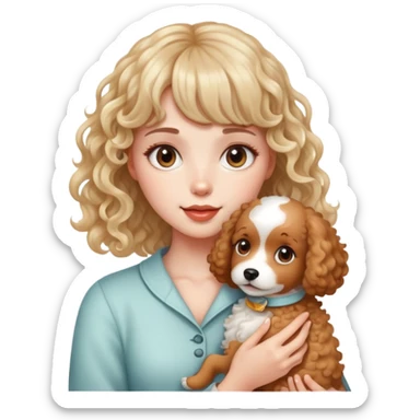 A beautiful girl with bangs holding a light-colored curly dog sticker