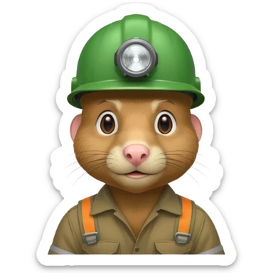 a mole rat, green helmet, headlamp, worker cloth sticker