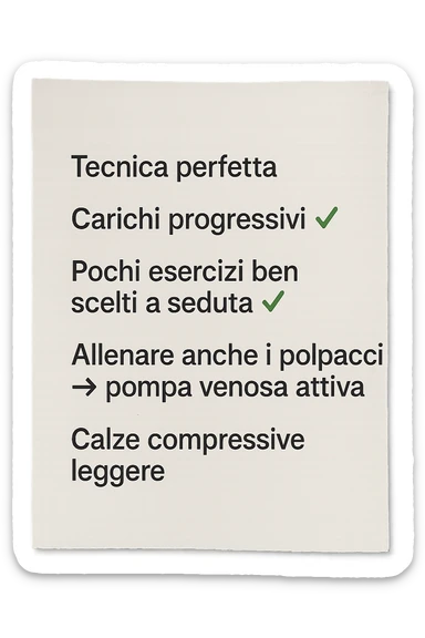 FOGLIO DI CARTA PER L'ALLENAMENTO IN PALESTRA CON LA SCRITTA "Tecnica perfetta
 ✅ Carichi progressivi
 ✅ Pochi esercizi ben scelti a seduta
 ✅ Allenare anche i polpacci → pompa venosa attiva
 ✅ Calze compressive leggere" , IPERREALISTICA 4K sticker