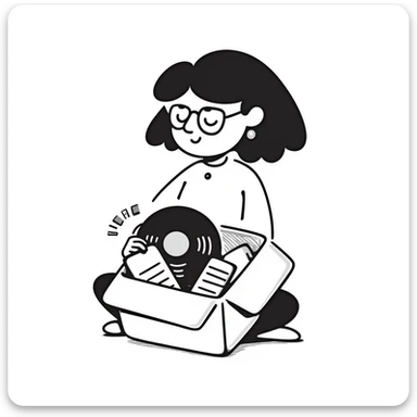 An open box containing a protective amulet from mom, a vinyl record from a friend, bandages, and glasses sticker