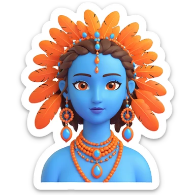 blue avatar emoji with detailed facial markings, feathers in hair, jewelry, and expressive eyes, inspired by the provided reference image sticker