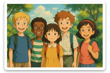 group of 5 diverse school students standing together smiling wearing backpacks ghibli style sticker