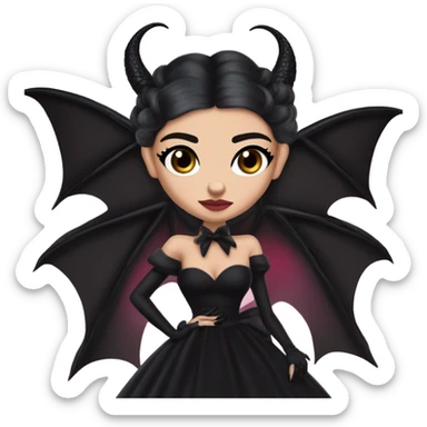low cut back black evening gown with see-through gloves, Jenna Ortega as Addams woman prom queen wearing a mini tiara, very large blood  pink evil-looking horned old dragon companion sticker