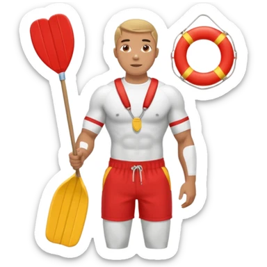 Male lifeguard – red shorts, whistle around neck, holding rescue float, full body sticker