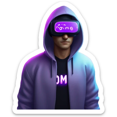 Russian man wearing a black hoodie with "OMG" letters on it and VR headset in a cyberpunk VR environment with violet neon lighting. sticker
