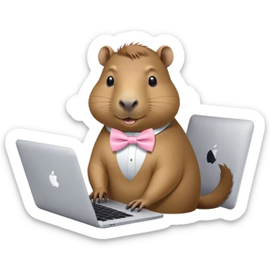 capivara  de laço rosa claro mexendo no macbook sticker