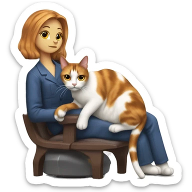 calico cat sittting upright in chair as a human would, its paws are resting on a manicurists arm rest  sticker