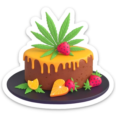 colorful frosted fruit cake with cannabis leaf on a plate sticker