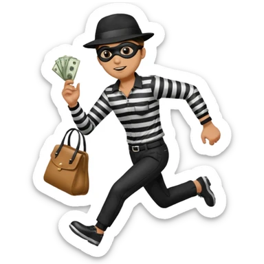 Make a man wear a black pant and he shirt is balck line and white line and wear a black hat and he holding a money bag and he running he wear a black eye thing sticker