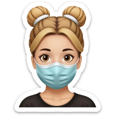 bun haired woman with covid mask sticker