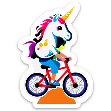 Boy riding a bike on back wheel with unicorn on Head sticker
