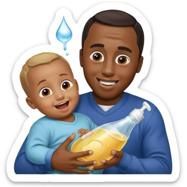 Sean “Diddy” Combs with baby oil and a very small infant and he’s pouring the baby oil on the infant that is laughing with a very exaggerated expression sticker