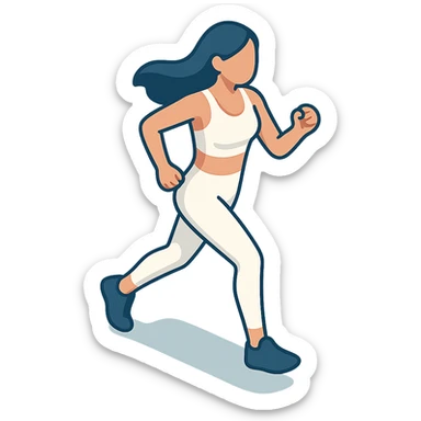 a woman with long dark hair, wearing a white yoga outfit, running in profile side view, 2D isometric illustration style, matching the reference image sticker