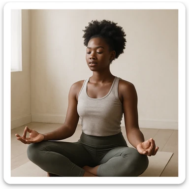 realistic style portrait of a black woman meditating, in a minimalist interior with natural light sticker