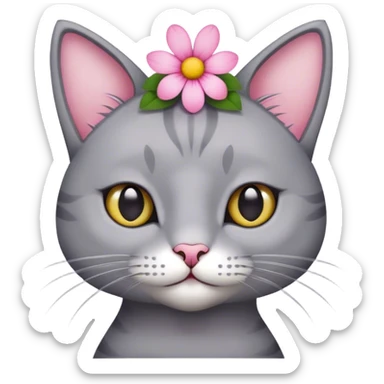 Grey cat with pink flower on head sticker