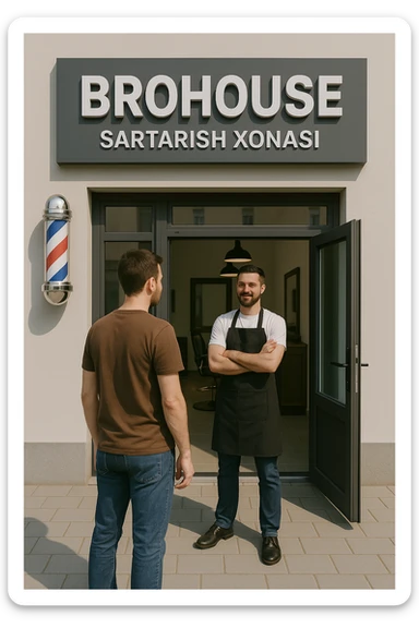 eni shu rasimga boyagi sartaosh oka eshik oldida tursin va tashqarida esa mijoz sticker