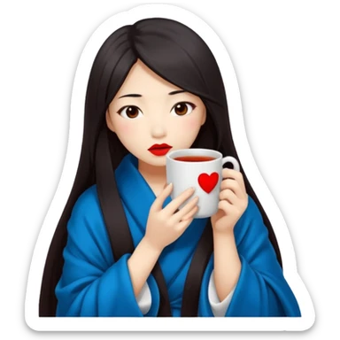 sexy asian japanese girl, red lips, long dark hair, feeling ill, sickness, nose is red due to sickness, fully covered by blanket - even head, holding tea mug in hands sticker